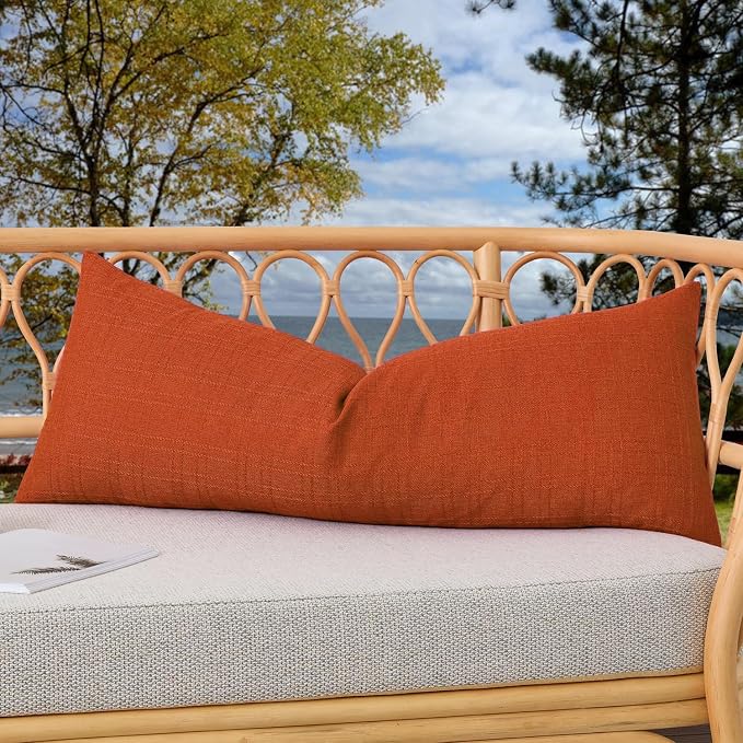 Kevin Textile Outdoor Waterproof 14”x36” Pillow Cover 1 Pack, Dark Orange | Water Resistant, Soft Faux Linen-cotton Yarn-dyed Woven Texture Throw Pillow Covers for Tent Patio Garden Couch Sofa