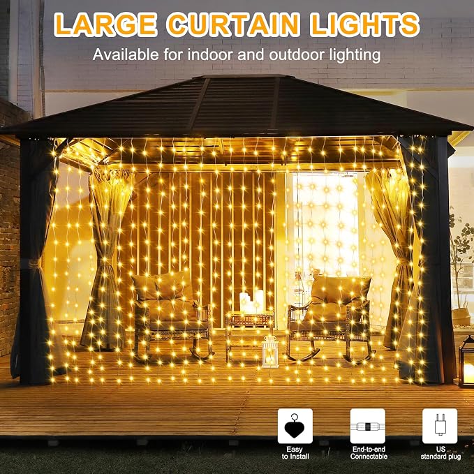 echosari 20Ft x 10Ft Large Curtain Lights Plug in Warm White & Multicolor | 600 LED Dual Color Changing Outdoor Curtain Lights Waterproof Connectable with Remote for Wedding Backdrop Yard Decor