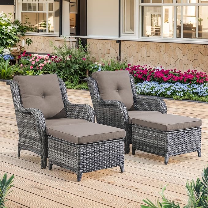 Belord High Back Patio Chairs Set of 2 - Gray Wicker Chairs Outdoor Seating, 4" Wide Armrests Rattan Outdoor Club Chair with Grey Removable Cushion for Deck Porch Backyard