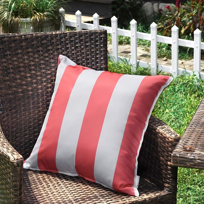 Pack of 2 Decorative Outdoor Waterproof Striped Throw Pillow Covers 20x20 | Pink,Solid, Polyester Linen Garden Farmhouse Cushion Cases for Couch Sofa Patio Tent Balcony