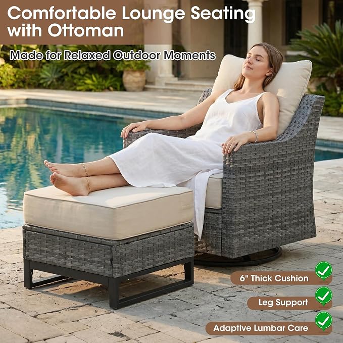5 Piece Patio Furniture Set, Grey Wicker Outdoor Conversation Set with 2 Swivel Rocker Chairs, 2 Ottomans and Side Table, 6-Inch Thick Cushions, Beige Olefin Covers for Patio, Porch