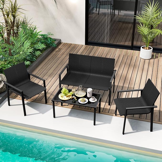 HAPPYGRILL 4 Pieces Wicker Patio Conversation Set with Coffee Table, PE Rattan Chairs with Galvanized Metal Frame, Outdoor Table and Chairs Set for Small Space, Balcony, Poolside, Backyard (Black)