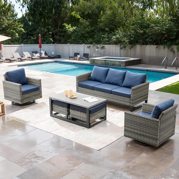 Luxury Wicker Outdoor Couch Patio Sofa - 3 Seater Rattan Outdoor Patio Couch Water Resistant,Comfortable Cushions and Sturdy Metal Frame for Outside Porch Deck Backyard Garden(Mixed Grey/Blue)