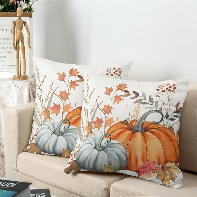 Orange Blue Pumpkin Pillow Covers Fall Maple Leaves Throw Pillow Covers Autumn Farmhouse Decorative Cushion Case 22x22 for Living Room Couch Patio Set of 2