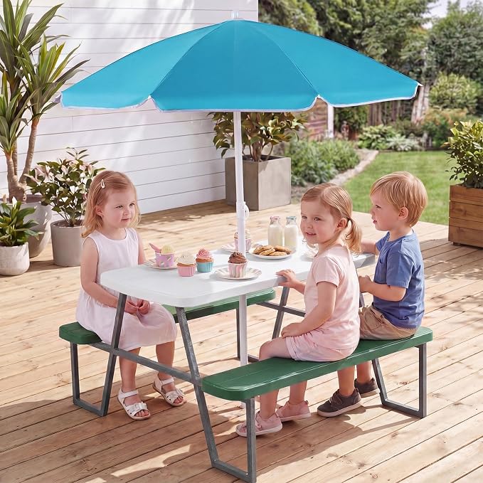 Costzon Kids Picnic Table, Toddler Outdoor Table & Bench Set with Removable Umbrella, HDPE Tabletop, Metal Frame, Kids Outdoor Furniture for Patio Backyard Garden, Fits 4 Children Age 3+ (Green)