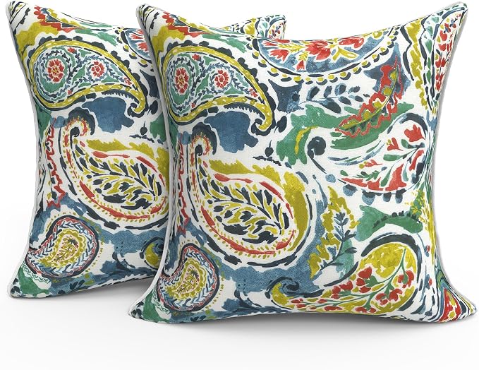 Outdoor Throw Pillows Inners, Fade Resistant Patio Furniture Square Pillows with Piping Set of 2 for Patio Furniture, 18x18 Inch, Paradise Paisley