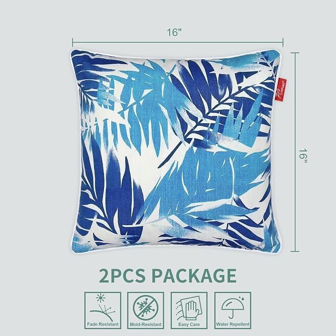 Pack of 2 Outdoor Throw Pillows,16x16 Inch All-Weather Water-Resistant Patio Pillows with Inserts,Decorative Pillows for Patio Furniture,Couch,Sofa,Poolside,Blue Leaf