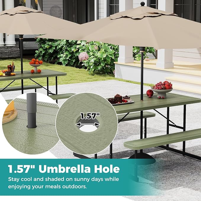 Giantex Picnic Table Bench Set for 4 People, 4.5FT Outdoor Rectangular Dining Table & 2 Benches w/Umbrella Hole, HDPE Tabletop, Metal Frame, Patio Garden Backyard Poolside, Green