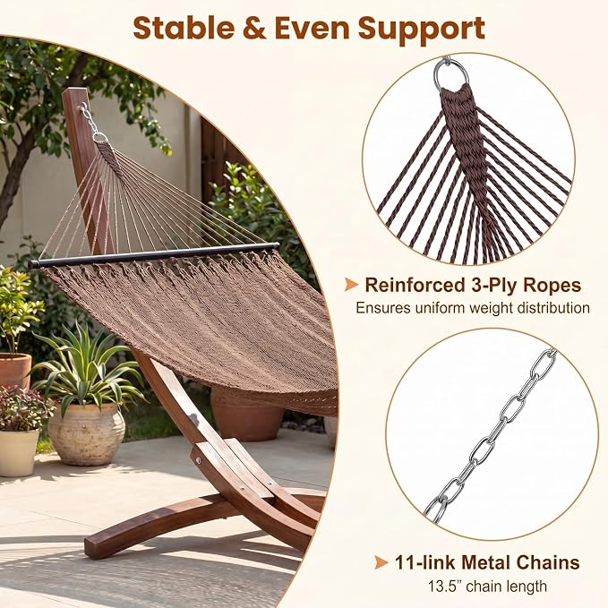 Happygrill 10.5FT Caribbean Double Hammock, Outdoor Portable Hammock with Spreader Bar, Soft-Spun Polyester Rope, 2 Person Hammocks for Outside, Camping & Patio, Max 600 lbs Capacity (Brown)