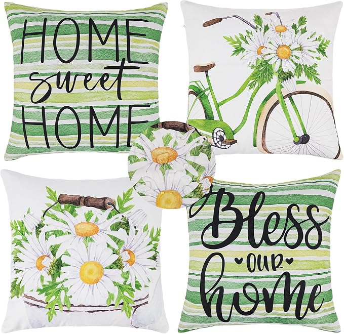 cygnus Spring Summer Waterproof Outdoor Pillow Covers 18x18 Inch Set of 4 Home Sweet Home Bless Home Daisy Striped Outdoor Pillows for Patio Furniture Garden Bench Proch Balcony,Green