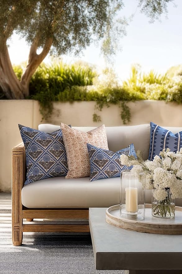 California Casual Coastal Indoor Outdoor Throw Pillow Cover, 20"x20" Water Repellent for Patio, Backyard, Couch, Azure Light Blue Block Print Vintage Hydrangea Flowers