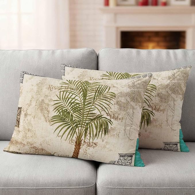 Vintage Palm Trees Waterproof Outdoor Pillow Covers 20''x12'' Set of 2, Beige Burlap Patio Furniture Summer Botanical Cushion Covers for Chairs, Decorative Tropical Pillow Cases for Garden/Pool/Beach