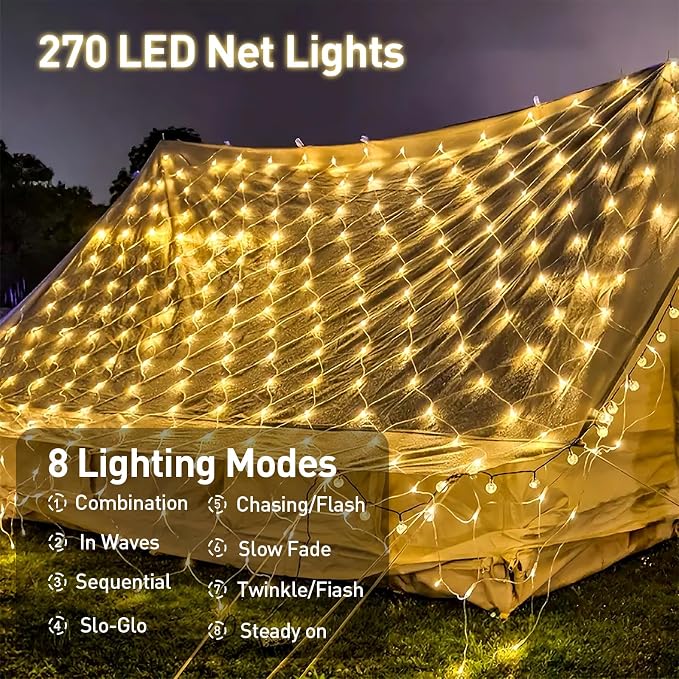 Net Lights Outdoor 10x10 FT, 8 Modes Connectable Mesh Lights with Plug- Connect 3 Sets, 30×10 FT Coverage, 270 LED Christmas Warm White for Trees, Bushes, Garden, Yard Decorations