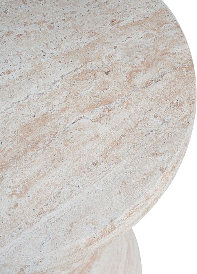Outdoor Concrete Travertine Side Table, Magnesium Oxide Patio End Table, Faux Stone Accent Stool Coffee Table for Indoor Outdoor Use on Patio, Garden, Backyard-Beige 18"*20.25"