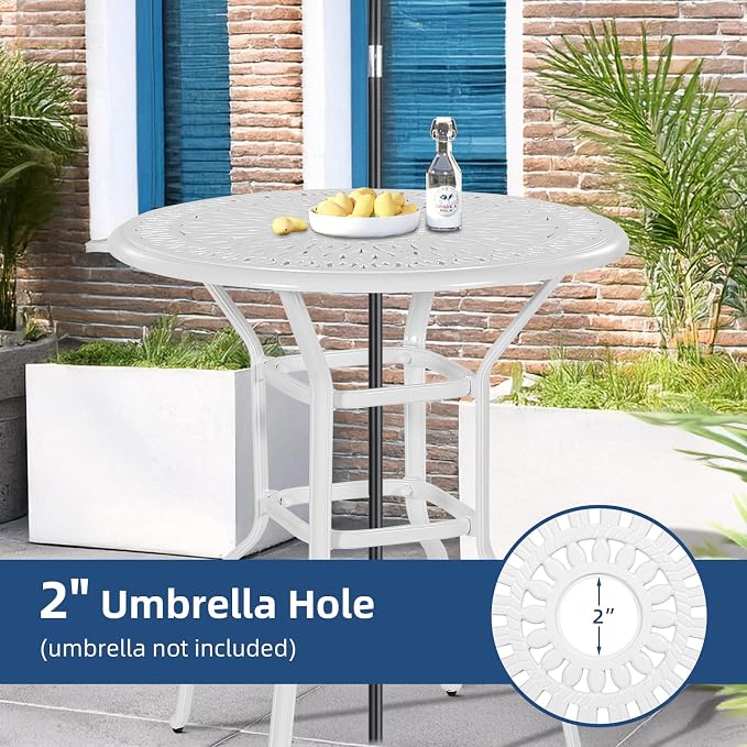 Outdoor Cast Aluminum Bar Table, 35.4" Patio Bar Height Table with 2" Umbrella Hole, All Weather High Top Bistro Round Dining Table for Outside Deck Porch Balcony Poolside, White
