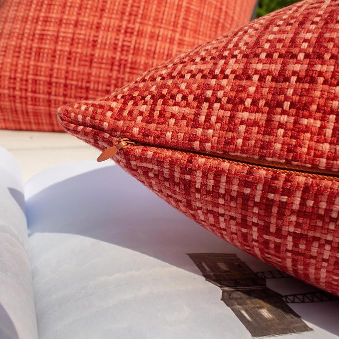 Kevin Textile Outdoor Waterproof 14"x24" Lumbar Pillow Covers 2 Pack, Red | Water Resistant, Faux Linen Yarn-dyed, Woven Texture Throw Pillow Covers for Tent Patio Garden Couch Sofa