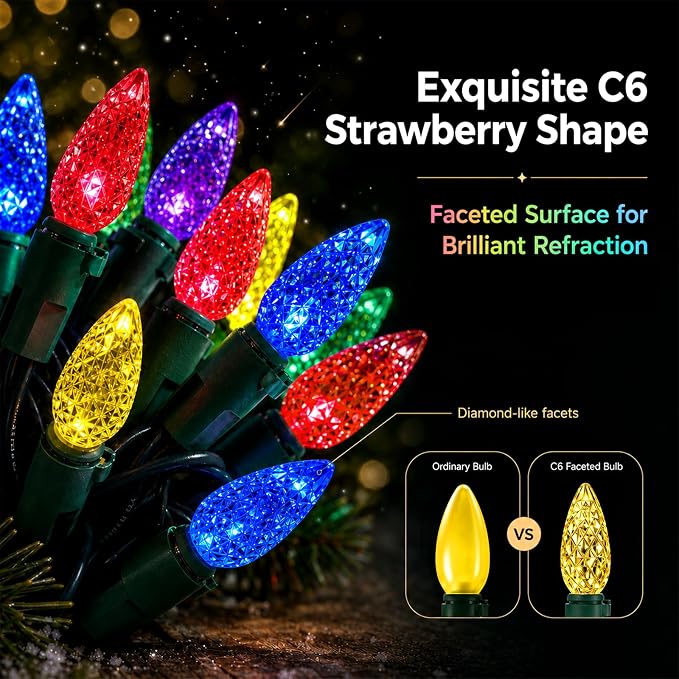 Heyworld C6 Gentle Twinkle Christmas Light, 60 LED Soft Twinkling Strawberry Lights, UL Certified 19.5FT Waterproof Connectable for Indoor Outdoor Xmas Tree Wedding Party Decor (Multicolor)