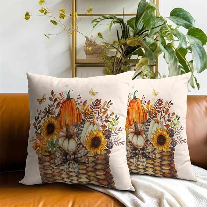 Fall Farmhouse Pillow Covers 18x18 Inch, Set of 2 Autumn Pumpkin Sunflowers Leaves Basket Square Cotton Pillowcases for Couch Sofa Living Room Bedroom Indoor Outdoor Decor