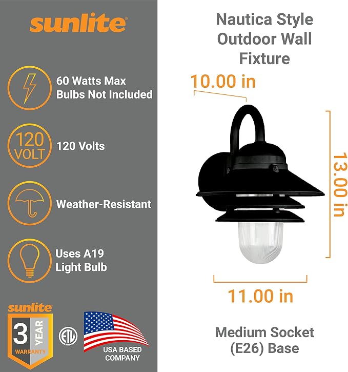 Sunlite 41370-SU Nautical Style Outdoor Wall Fixture, Medium Base Socket (E26), Weatherproof Polycarbonate, Prismatic Acrylic Lens, UL Listed, Black