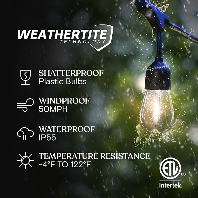 Brightech Ambience Pro 27 Ft Solar Powered Outdoor String Lights - Commercial Grade Waterproof Patio Lights with Edison Globes, Shatterproof LED String Lights for Patio - 2W, Warm White, 12 Bulbs