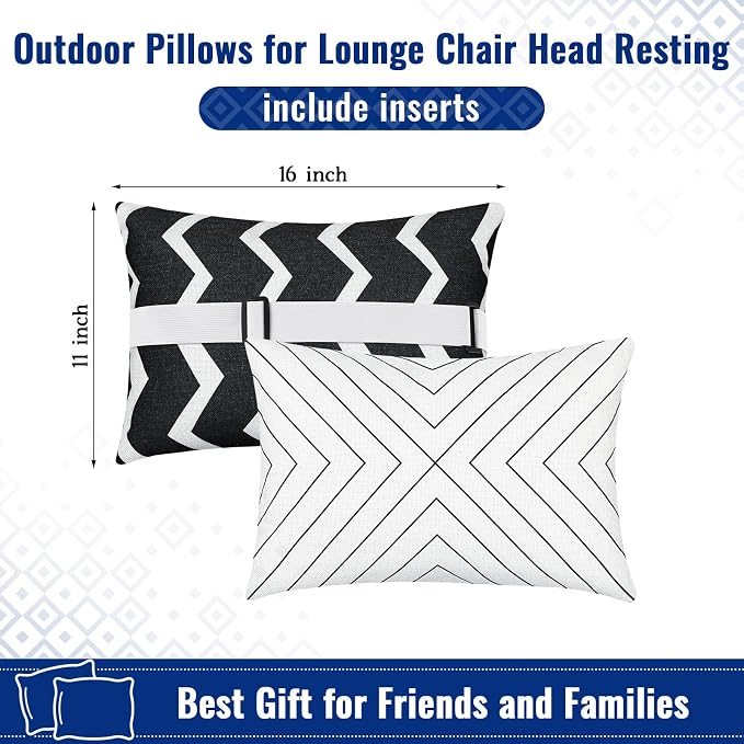 Juexica 2 Pack Chaise Lounge Pillow with Strap Outdoor Waterproof Beach Chair Neck Headrest Pillow Adjustable Elastic Band for Hammock Lumbar Recliner Pillows for Patio Pool Chair(Classic Black White)