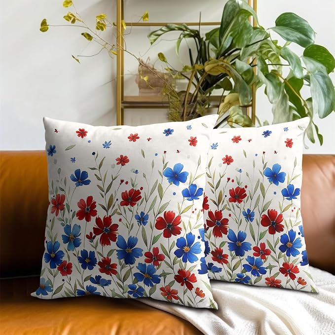 Red Blue Flowers Pillow Covers 18x18 Inch, Set of 2 Patriotic Wildflowers Leaves Summer Farmhouse Square Pillowcases Cotton Cushion Cover for Couch Sofa Bed Holiday Festival Decor