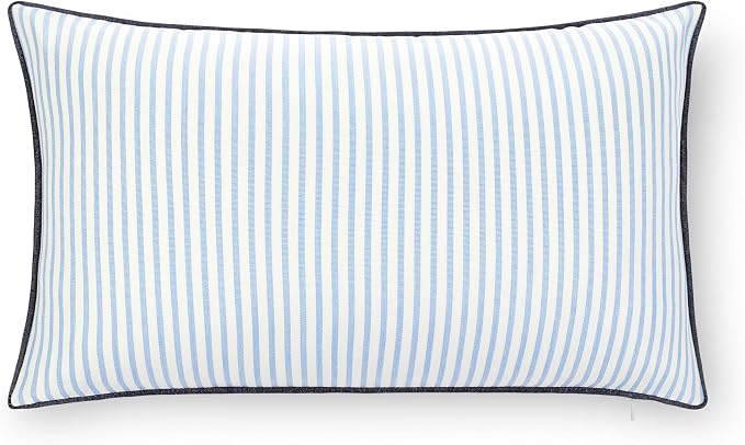 Hofdeco Premium Coastal Hampton Outdoor Performance Lumbar Pillow Cover Only, 12"x20" Water Repellent, UV and Fade Resistant for Backyard, Couch, Poolside, Azure Blue Indigo Woven Coastline Stripes