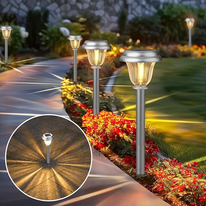 DERAYSION Solar Lights Outdoor Waterproof, Brushed Stainless Steel Glass Solar Pathway Lights, Auto On/Off Long-Lasting Outdoor Solar Lights for Garden, Landscape, Path, Yard 6 Pack | Brushed Stainless Steel Dusk to Dawn Long-Lasting Waterproof Outdoor...