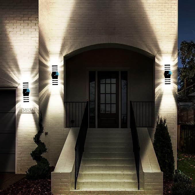 Dusk to Dawn Outdoor Wall Lights, Modern Exterior Light Fixture, 3-Layer Up and Down Matte Black Outdoor Lights IP65 3000K Warm White Waterproof Modern Wall Sconce for Garage Porch, 2 Pack