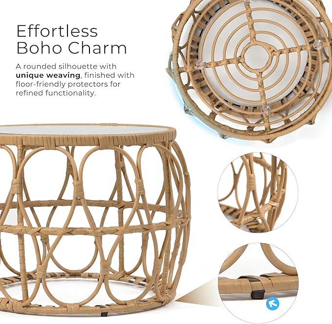 Furniture of America Ysar Boho Rattan Round Coffee Table Outdoor with 5mm Tempered Glass Top, All-Weather and Rust Resistant Patio Furniture