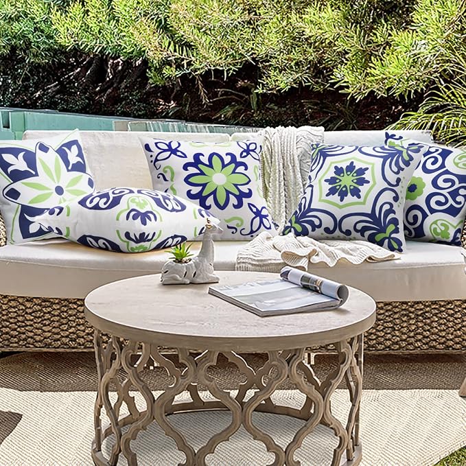 Pyonic Navy Blue and Green Outdoor Pillow Covers 16x16 Set of 4 | Spring Summer Foral Waterproof Throw Pillow Covers for Patio Furniture Garden Porch Tent
