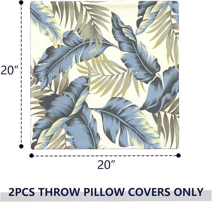 Outdoor Pillow Covers Waterproof 20x20 Inch Set of 2 Lush Palm Blue Decorative Outside Patio Furniture Cushion Cases Decor for Porch Garden