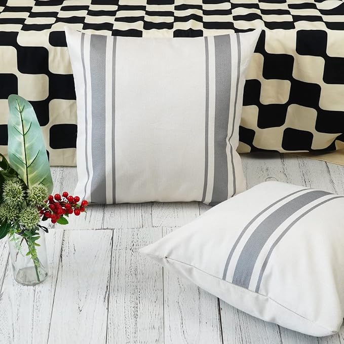 ONWAY Outdoor Pillow Covers Waterproof 20x20 Set of 2 Decorative Linen Throw Pillow Cover Beige and Grey Striped Outdoor Pillows for Patio Furniture