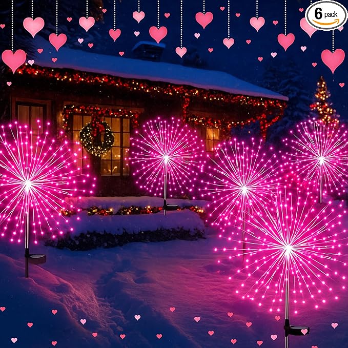 Tujoe 6 Pack Pink Solar Firework Lights 180 LED 8 Lighting Modes Waterproof Outdoor Decorative Solar Lights for Wedding Valentine Birthday Garden Patio Yard Pathway Walkway Lawn Decor
