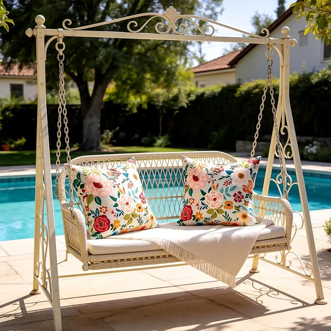 Outdoor Waterproof Floral Throw Pillow Covers Summer Decorative Pillow Covers Green Accent Square Couch Covers Garden Farmhouse Cushion Cases 16x16 Inch Set of 2 for Patio Tent Balcony Furniture Sofa