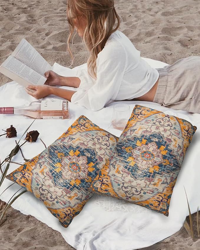 Outdoor Waterproof Pillow Covers Set of 2, Meddle Century Vintage Carpet Mural Pattern Patio Throw Pillow Covers, Decorative Cushion Case for Couch Sofa Furniture Garden, 20x12 Inch