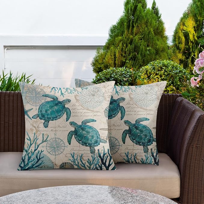 Outdoor Throw Pillow Covers, Turtle Coastal, Set of 2, 18 x 18 Inch | Nautical 18 x 18 Inch Beach Pillowcase Square Cushion Case Farmhouse Garden Decorative Pillows for Couch Patio
