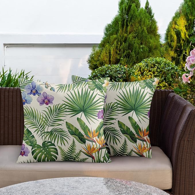 Throw Pillow Covers, Tropical Floral, 18 x 18 Inch, Set of 2 | Botanical Hawaiian Outdoor Waterproof Pillowcase Square Cushion Case Farmhouse Garden Decorative for Couch Beach Patio