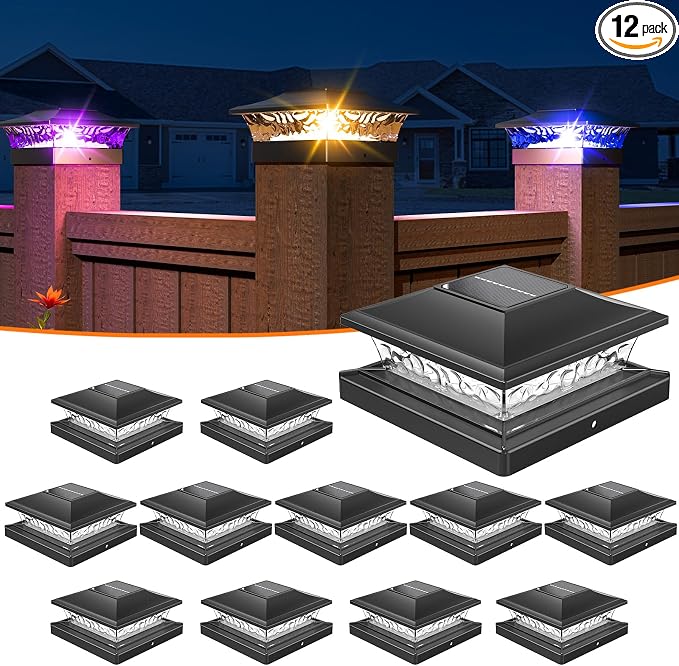 APONUO Solar Post Cap Lights with 8 RGB Solid Colors & Multicolor Flow - 12 Pack 6x6 Post Cap Solar Light, IP65 Waterproof - Fits 4x4 5x5 6x6 Wood & Vinyl Posts - Black