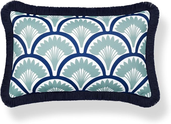 Hofdeco Premium Coastal Grandmillennial Patio Indoor Outdoor Lumbar Pillow Cover Only, 12"x20" Water Repellent for Backyard, Couch, Poolside, Celadon Green Navy Print Tropical Ravenala Palm Tree