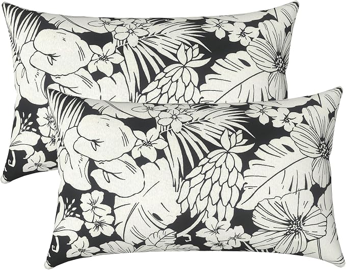 LVTXIII Outdoor Lumbar Pillow Covers Only Set of 2 Patio Decorative Pillow Cases, Water Repellent Lumbar Cushion Cases for Sofa, Patio Couch Garden Use, 12x20 Inch, Tropical Blossom Noir