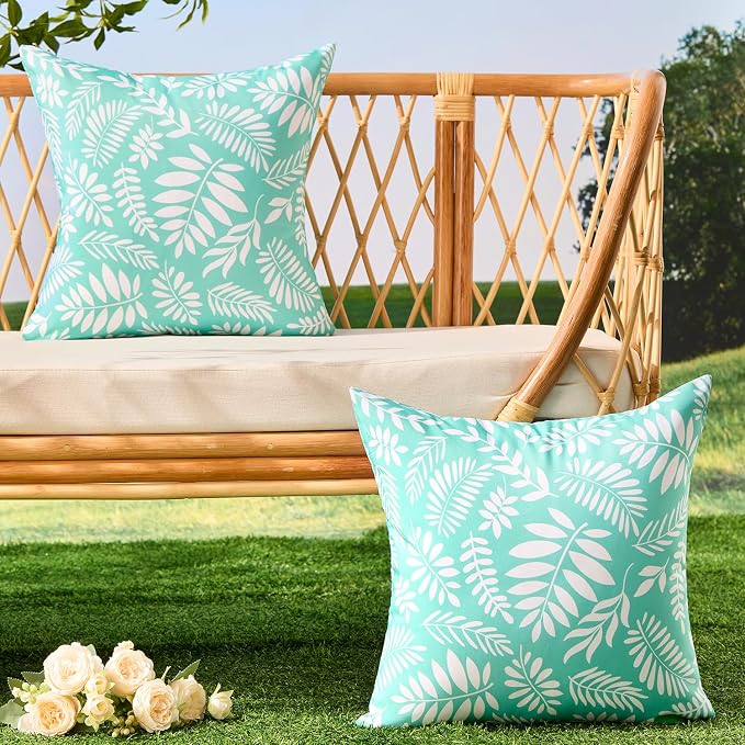 Allorry Outdoor Pillow Covers 18x18 Set of 2 Tropics Palm Leaves Blue Floral Pattern Decoration Pillow Covers for Spring Summer Outdoor Waterproof Garden Patio Sofa Bedroom Home Decor JB009-B18