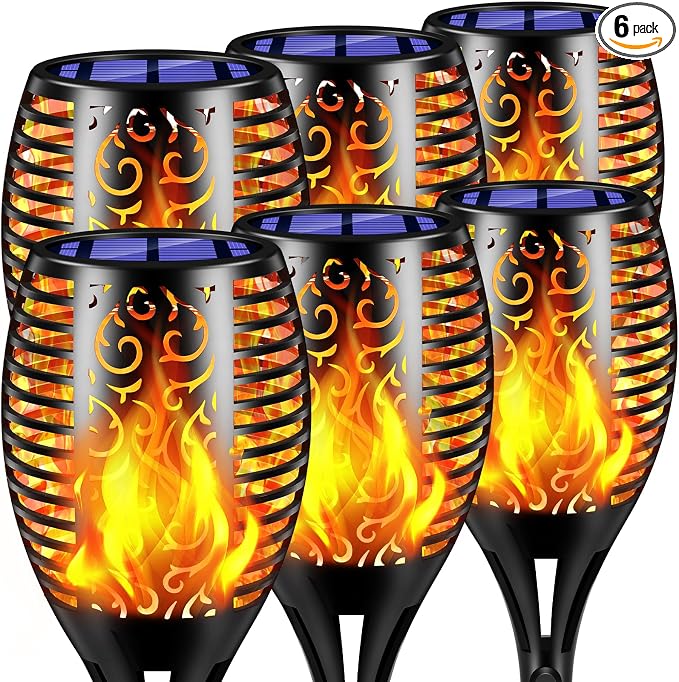 TomCare Flickering Flame Solar Torch Lights Outdoor, 43" Tall, 6 Pack | Realistic 99-LED Flame Effect, Charges in 6-8 Hours, 10-12-Hour Runtime, IP65 Waterproof, Auto On/Off for Yard, Patio, Garden