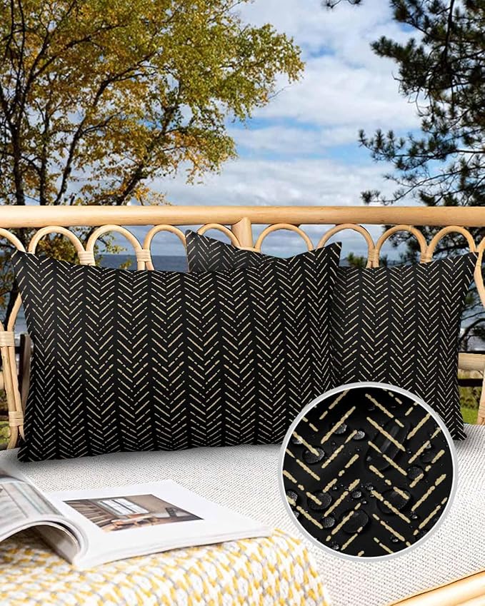 Black Gold Striped Outdoor Pillow Covers Waterproof,All Weather Cushion Case Set of 2 Lumbar Pillowcase for Sofa Couch Bed Decor Patio Furniture 20"x12" Boho Minimalist Geometric Bohemia