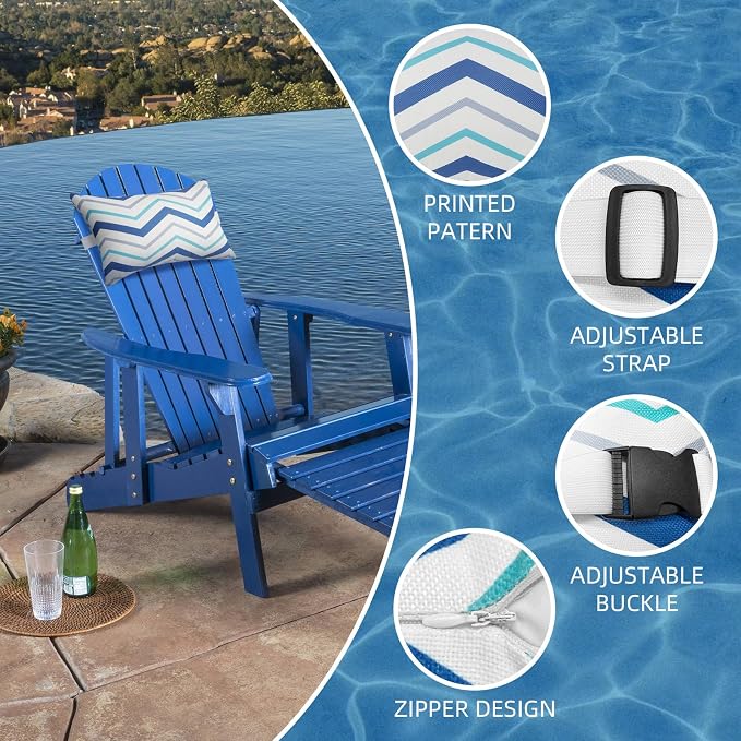 Outdoor Pillow for Chaise Lounge Chair, 2pcs Chaise Lounge Pillows Lumbar Pillows with Insert and Adjustable Elastic Strap for Patio Beach Office Chair, Blue White Stripe