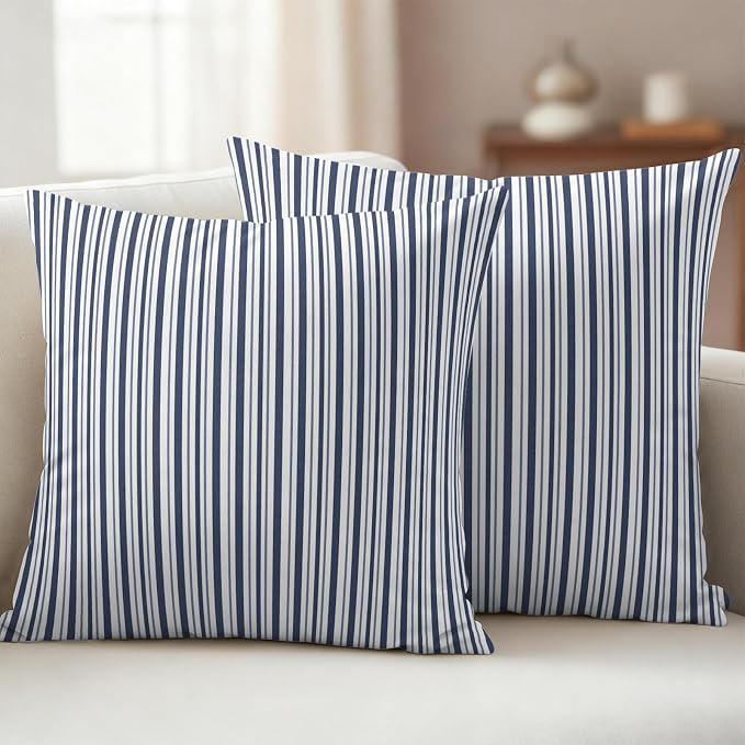 Navy Blue Vertical Stripes Waterproof Outdoor Pillow Covers Set of 2 Home Decor, Pinstripes Apricot Lines Pillowcase Patio Pillow Covers for Couch Bench Patio Furniture Garden 26x26in