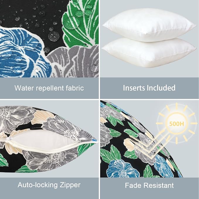 LVTXIII Outdoor/Indoor Throw Pillows, Decorative Patio Accent Pillows, Fluffy Water Repellent Garden Cushions for Home Patio Coach Sofa Use, 16×16 Inch, Pack of 2, Peony Garden