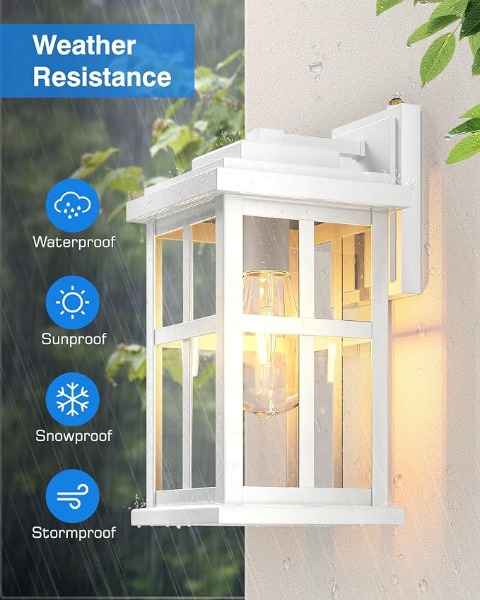 Large White Outdoor Wall Lights, Dusk to Dawn Exterior Lighting Fixtures, Waterproof Outside Lights for House, Garage, Garden, Entryway, Doorway, Anti-Rust, Modern Style, Tempered Glass