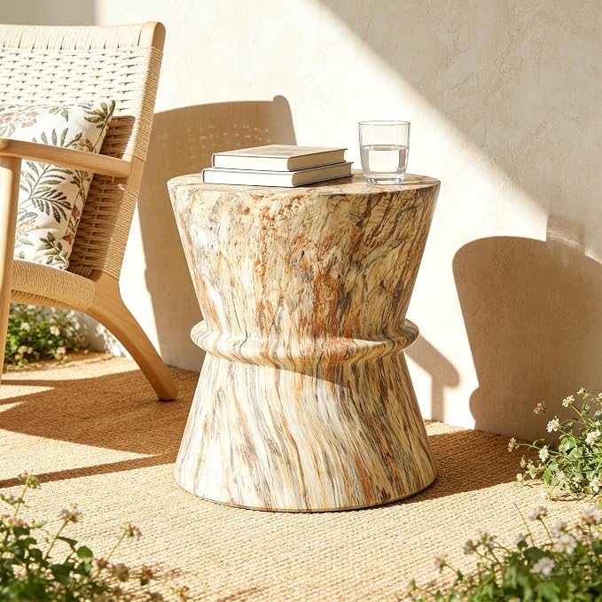 Outdoor Concrete Side Table,Contemporary Hourglass Accent Table with Faux Stone Coffee Tables for Indoor Outdoor,Garden End Table for Porch,Backyard Patio Living Room-15.55" Amber Brown MgO