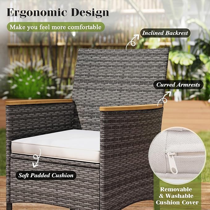 Tangkula 10 Pieces Patio Wicker Dining Set w/Double-Sided Patio Umbrella, Outdoor Acacia Wood Furniture Set w/ 8 Armchairs, 71” Dining Table & 15 ft Umbrella with Weighted Base (Turquoise)